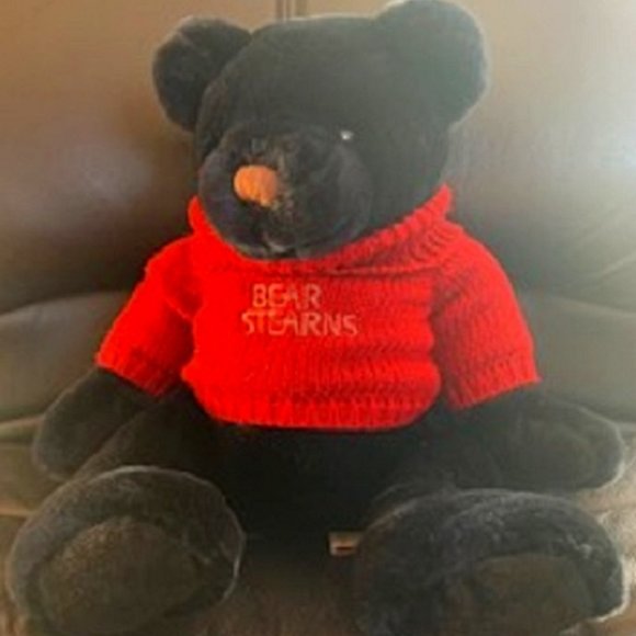 Bear Stearns Soft Stuffed Sitting Black Teddy Bear in Red Sweater - Picture 1 of 4